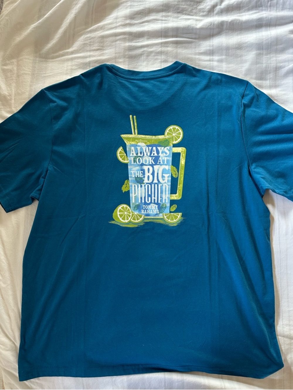 NWT Tommy Bahama ALWAYS LOOK AT THE BIG PITCHER Men’s XL T-shirt Blue Allure - Picture 2 of 4